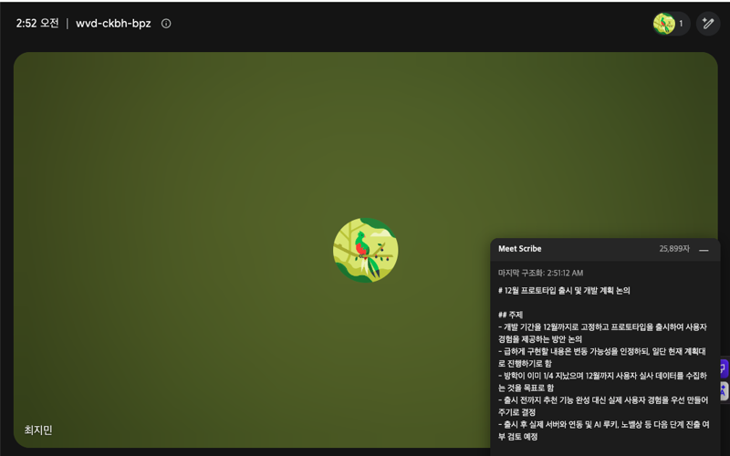 구글 미트 회의 진행 중인 화면